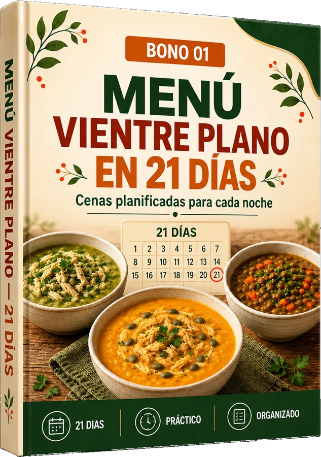 Mockup del bono Menú Vientre Plano — 21 Días