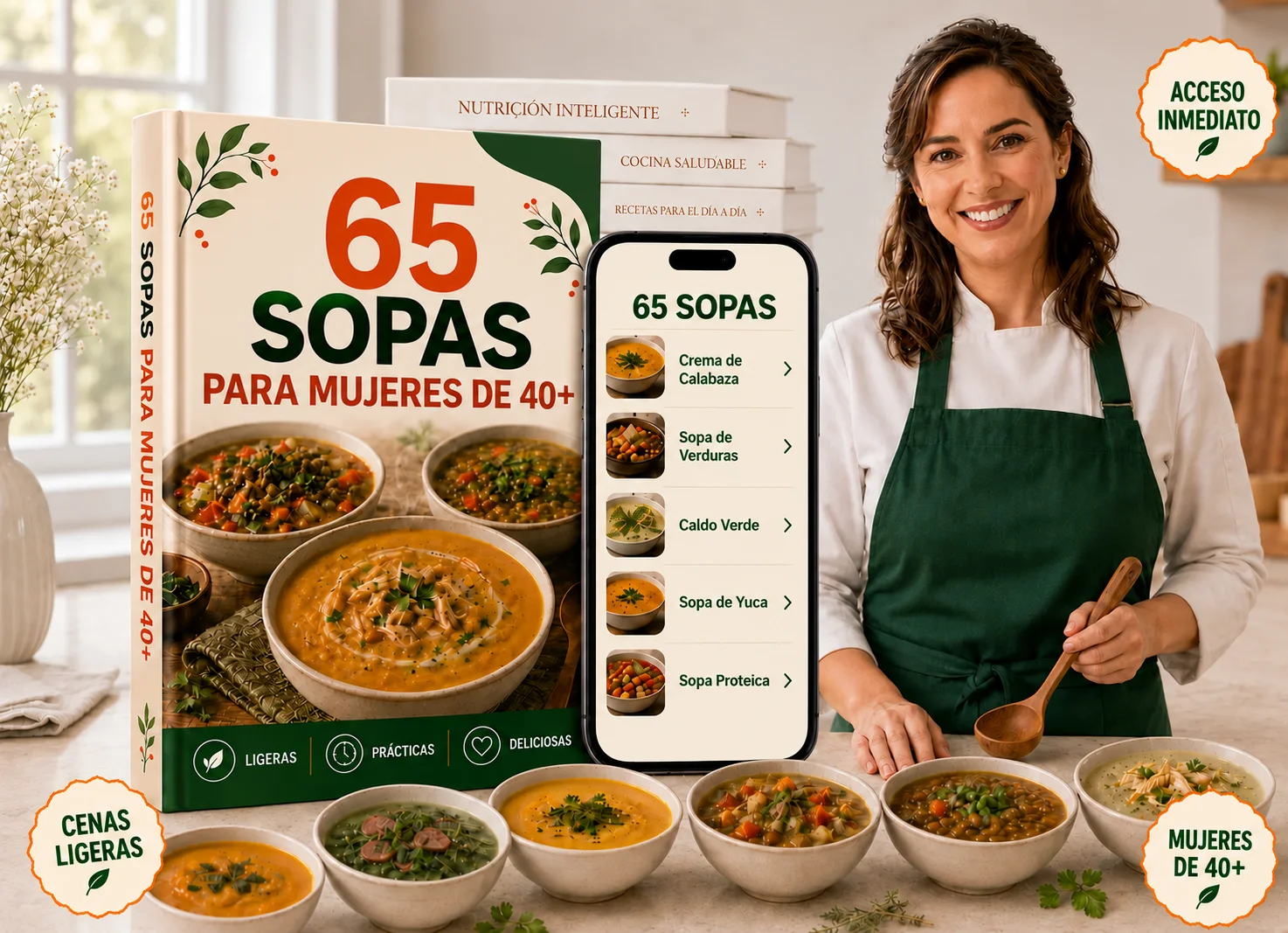 Mockup del material 65 Sopitas para Mujeres 40+ con libro, app en el celular y sopitas apetitosas