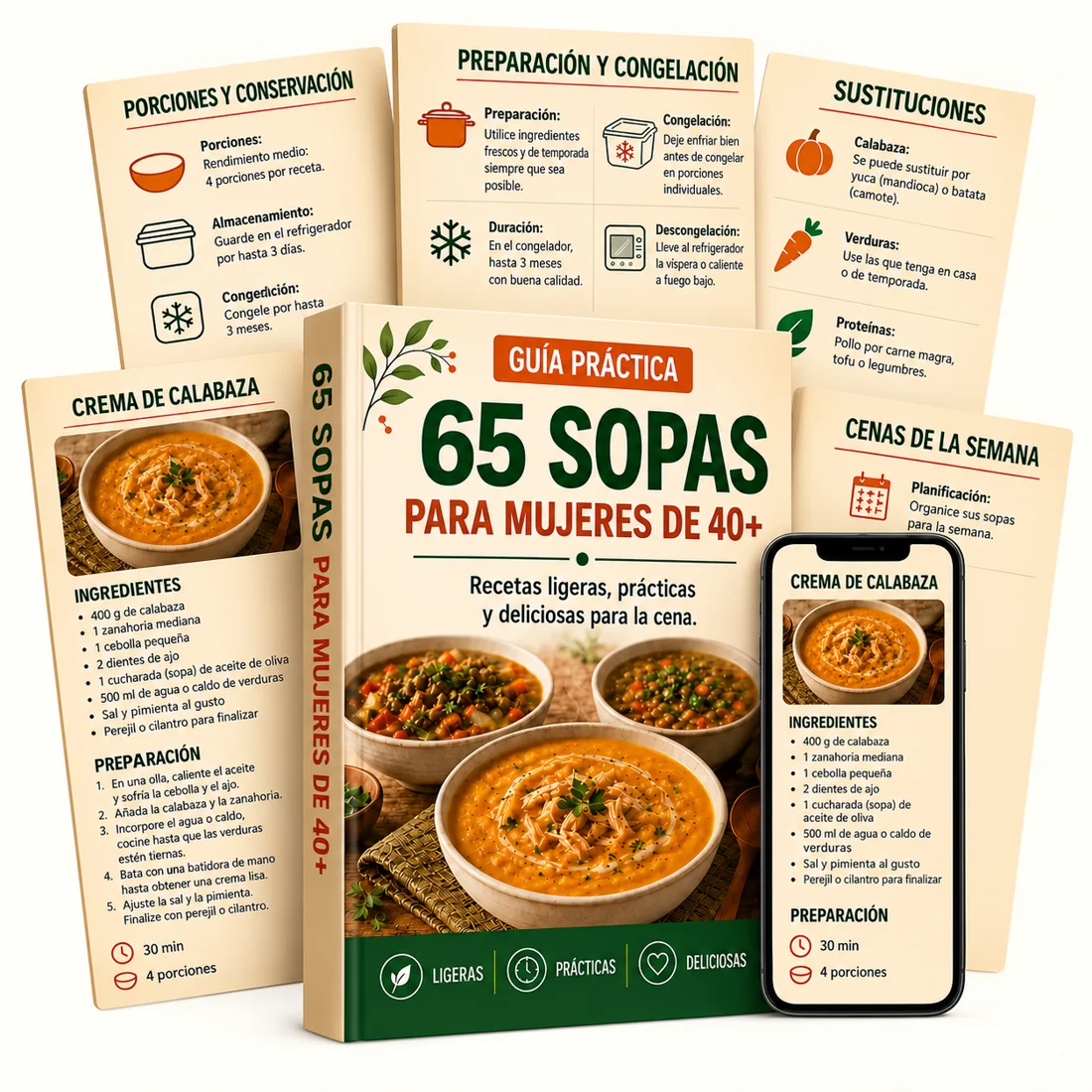 Mockup del material 65 Sopitas para Mujeres 40+ con libro, celular y páginas internas