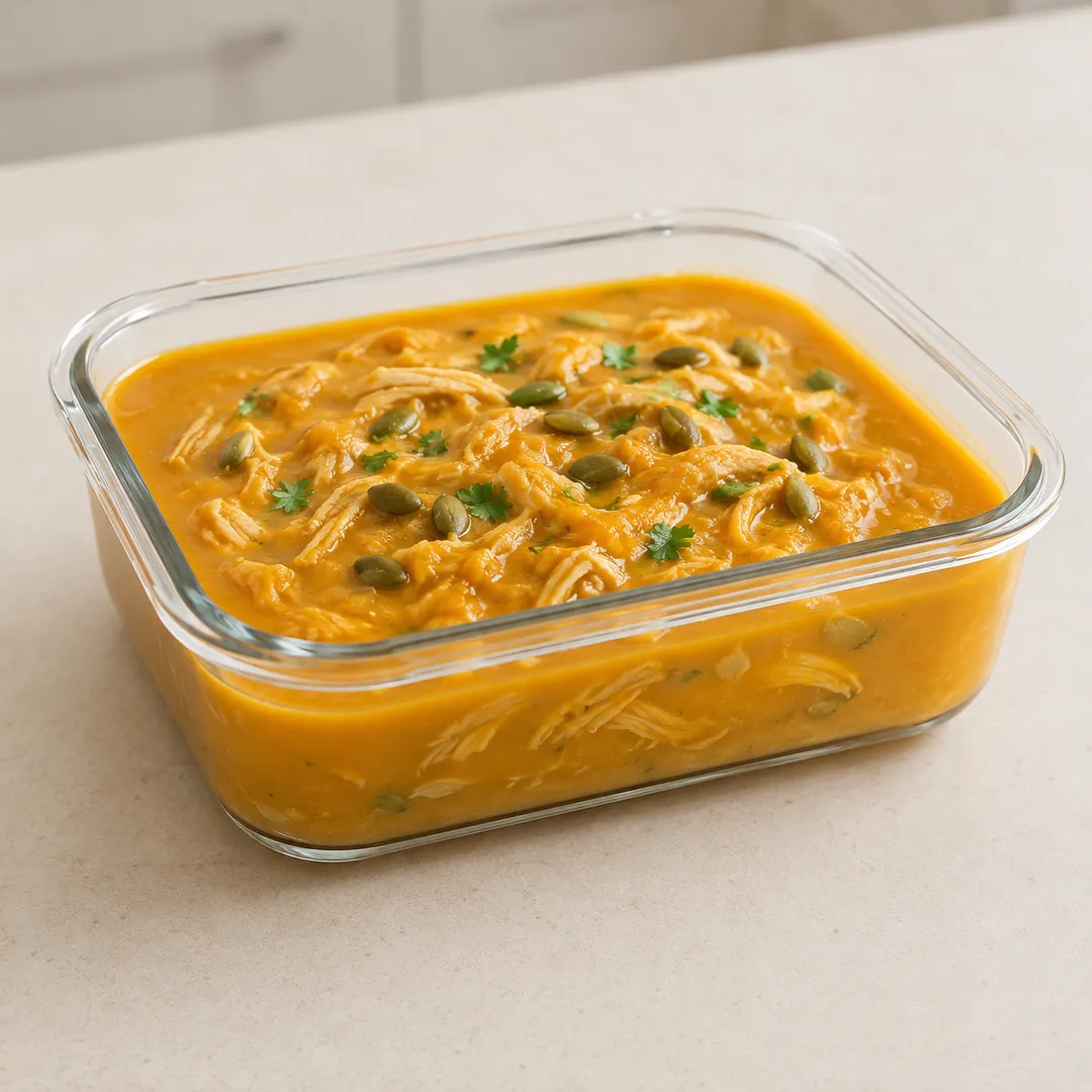 Foto de la sopita Crema de Calabaza con Pollo Desmenuzado